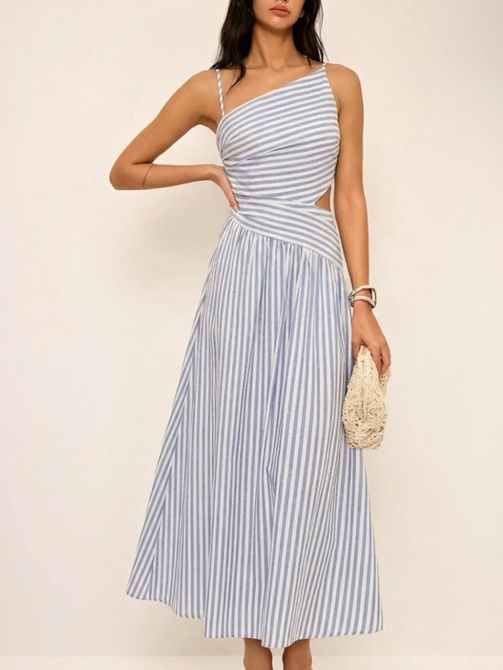 Commense Dresses & Skirts - Commense Blue and White One-Shoulder Striped Cutout Maxi Dress